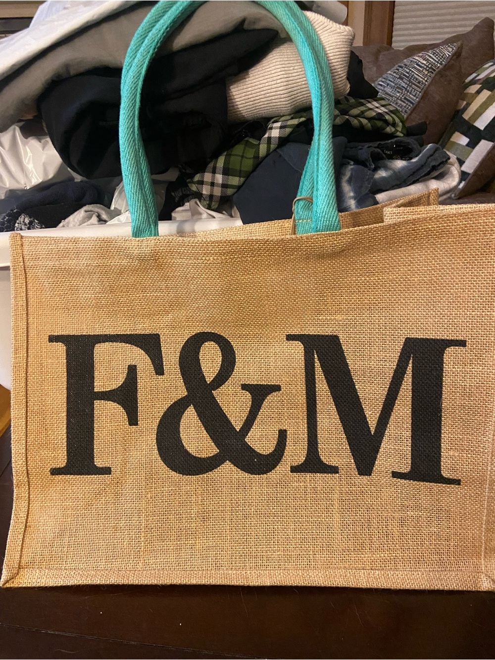 NWT - Fortnum & Mason Natural Jute Tote Bag with Teal Handles